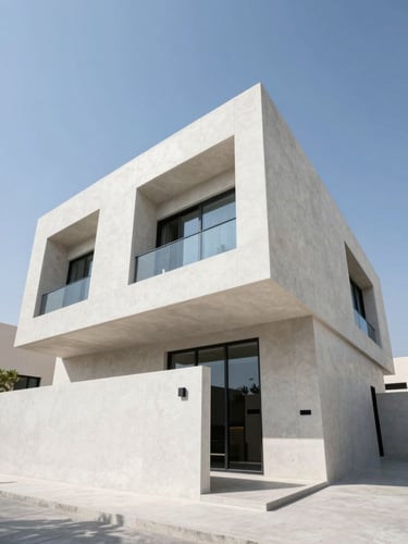 Low-angle architectural photography of a modern luxury villa exterior in Abu Dhabi, sharp daylight, clean concrete lines, high-contrast shadows.