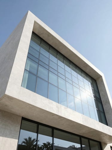 Low-angle heroic architectural shot of a modern luxury villa in Abu Dhabi, sharp daylight, clean straight lines, high-contrast concrete and glass facade.
