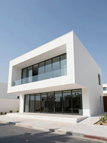 Low-angle heroic exterior shot of a modern minimalist luxury villa in Abu Dhabi, bright daylight, sharp architectural shadows, pristine white concrete and glass facade