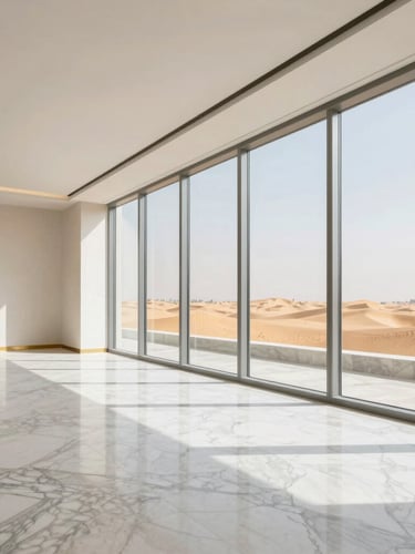 Pristine minimalist interior of a luxury Al Ain penthouse, polished marble floors, brass accents, floor-to-ceiling windows showing distant palm dunes, crisp daylight
