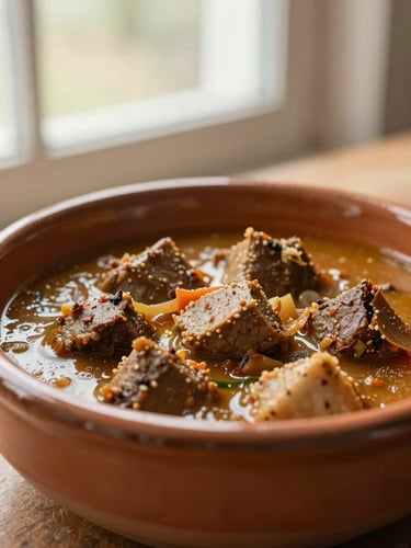 Warm editorial food photography of a traditional Castilian stew in a ceramic bowl, soft natural window light, rich earthy tones, shallow depth of field, 50mm