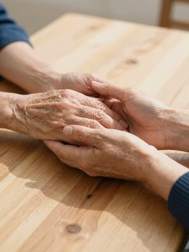 A close-up of hands holding warmly, one older hand with gentle wrinkles and one younger hand, soft natural Mediterranean light casting gentle shadows on a rustic light wooden table
