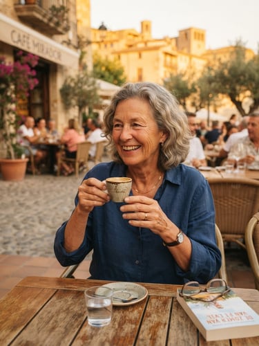 Warm editorial photography of a Dutch-speaking senior woman drinking coffee on a sunny terrace in Spain, soft golden-hour light, 35mm
