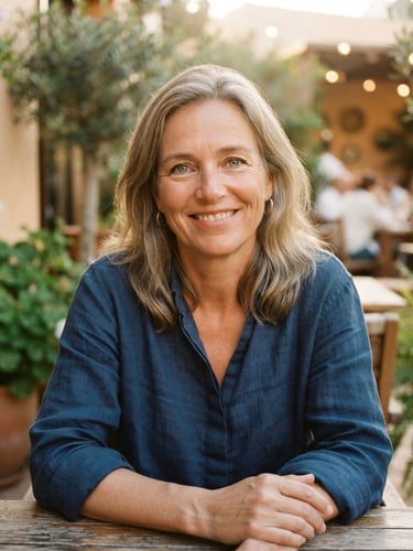 A warm, natural close-up portrait of a friendly Dutch woman in her late 40s with a kind smile, soft golden-hour Spanish sunlight, outdoor terrace background with green plants, 35mm photography, shallow depth of field