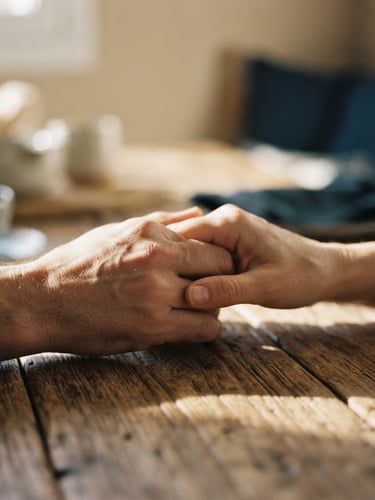 Close-up of hands holding warmly over a rustic wooden table, soft morning Spanish sunlight casting long shadows, warm editorial photography, shallow depth of field, 35mm