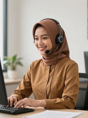 Dignified Indonesian customer support specialist in a modern bright office, smiling warmly, minimalist decor with traditional batik accent, soft natural daylight, premium photography