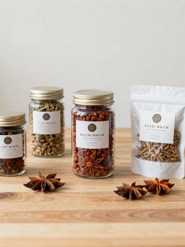 Authentic Indonesian spices and premium packaged goods arranged beautifully on a clean wooden table, soft natural daylight, rich warm tones