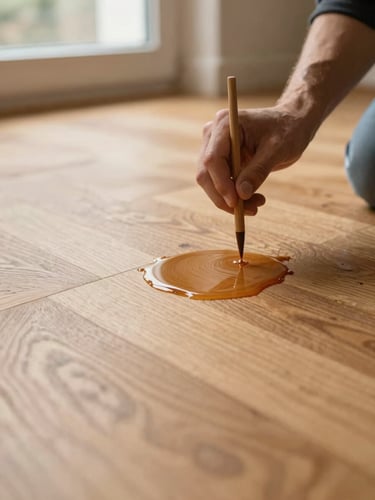 Close-up of a craftsman carefully applying water-based lacquer to a sanded oak parquet floor, warm side-light highlighting the wet sheen and natural wood grain texture, shallow depth of field