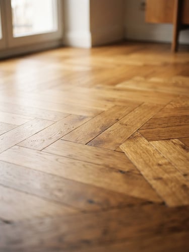 Low-angle shot of a beautifully restored warm oak parquet floor, soft natural side-light from a window highlighting the wood grain texture, shallow depth of field, 35mm