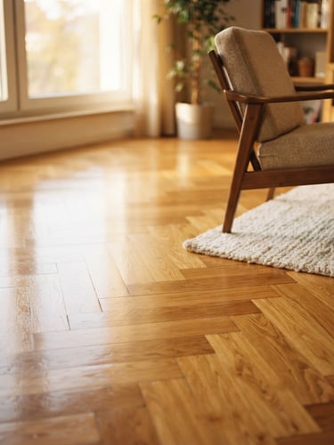 Warm editorial photography of a beautifully finished residential parquet floor reflecting soft afternoon light from a window, shallow depth of field, 35mm