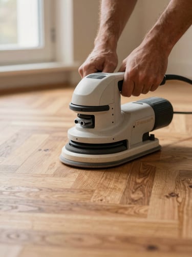 Craftsman operating professional dust-free floor sanding machinery on a historic parquet floor, warm side-light, close-up on the machine and wood texture.