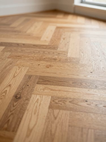 Macro shot of a perfectly restored herringbone oak parquet floor, warm side light illuminating the natural grain patterns, shallow depth of field, 35mm