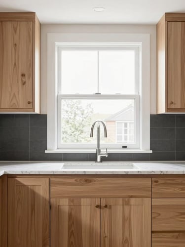 Straight-on architectural interior photography of a modern kitchen, bright natural window light, custom white oak cabinetry with perfectly matched grain, clean quartz countertop edges, 35mm lens.