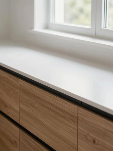 Tight architectural detail shot of a pristine, newly finished kitchen counter with warm oak accents, bright daylight, dust-free clean surfaces