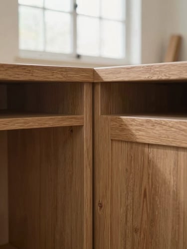 Tight detail crop of custom oak cabinet joinery in a local woodworking shop, warm wood tones, soft natural light, 35mm lens