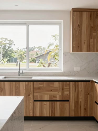Straight-on architectural shot of a bright modern kitchen with custom oak cabinetry and clean quartz countertops, natural daylight