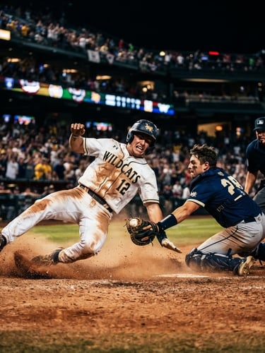 Low-angle dynamic shot of a baseball player with a dirt-stained jersey sliding into home plate, stadium lighting, dramatic shadows, rich saturated tones, 35mm lens.