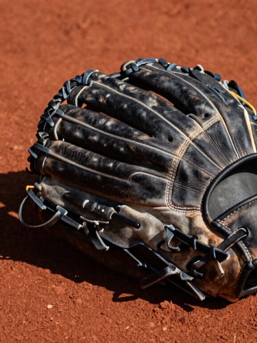 Tight close-up of a worn leather baseball glove resting on red clay, dramatic direct sunlight casting sharp shadows, high-contrast sports photography