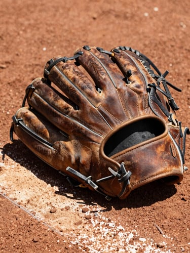 Close-up of a worn leather baseball glove resting on home plate dirt, sharp direct sunlight, rich textures, 35mm lens.