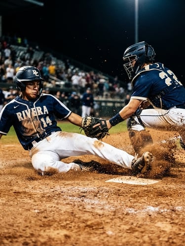 Low-angle dynamic shot of a high school baseball player sliding into home plate, dirt kicking up, high-contrast stadium lighting, dramatic shadows, 35mm lens