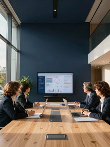Environmental wide shot of a modern architectural boardroom in Madrid, warm natural sunlight streaming through high windows, professional advisors analyzing structured data on a screen, deep navy and sand tones, 35mm lens.