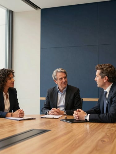 Medium-wide environmental shot of three diverse executives in a modern architectural boardroom in Madrid, warm natural window light, deep navy accents, professional candid interaction, 35mm lens