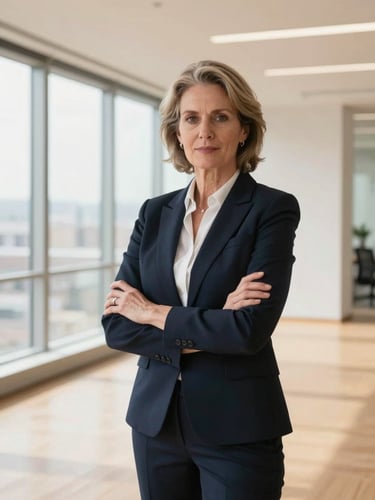 Portrait of a seasoned female financial advisor in a bright, modern architectural office, warm sand tones, natural window lighting, clean corporate editorial style, 35mm lens