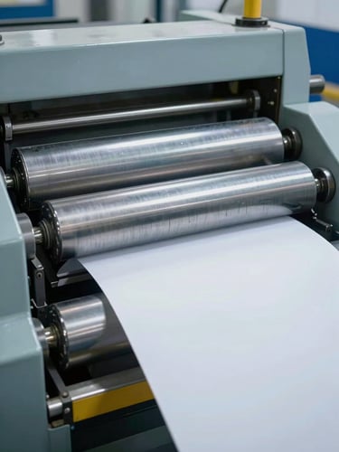Sharp close-up of heavy machinery steel rollers feeding raw paper material into a high-speed cup forming machine, bright cool-toned workshop lighting, deep depth of field