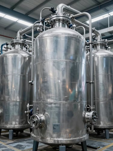Sharp industrial photography of a massive steel mineral water bottling plant, bright cool-toned workshop light, slate tones, 50mm