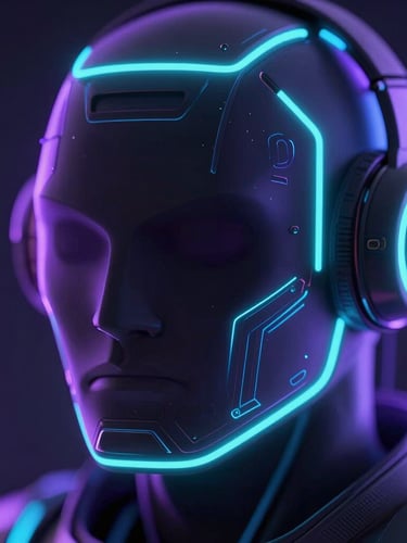 Macro close-up of a high-tech 3D holographic gaming avatar, glowing neon-purple and turquoise edge lights, dark obsidian background, octane render