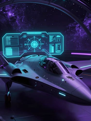 Sleek cockpit of a futuristic starfighter, glowing turquoise holographic HUD displaying tactical data, deep space nebula outside the glass canopy, dramatic purple ambient lighting, high-contrast 3D render.