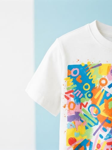 Close-up of a vibrant kids' graphic t-shirt detail, a bold, colorful abstract pattern, high-key studio light, crisp details, 35mm, wide shot, off-center subject, generous negative space on left.