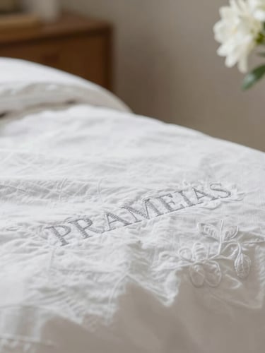 Close-up of premium guest amenities, crisp white linen with embroidered details, fresh white flowers in a subtle ceramic vase, soft natural side lighting.
