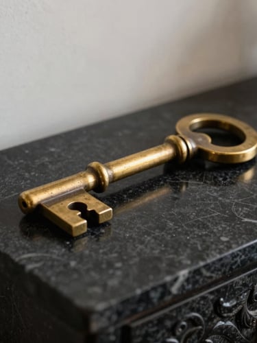 Vue rapprochée d'une clé en laiton poli posée sur une console en marbre noir d'un appartement haussmannien.