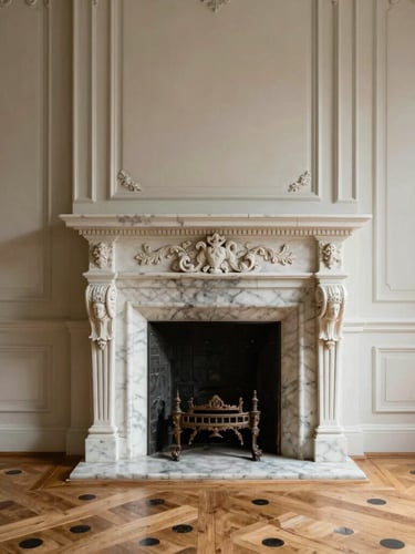 Vue d'un salon haussmannien baigné de lumière naturelle, parquet en point de Hongrie, cheminée en marbre et moulures d'époque, ambiance calme et luxueuse.