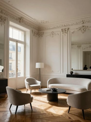 Soft natural light flooding a Haussmannian salon in Paris, high ceilings, intricate white wall moldings, herringbone oak parquet, minimalist modern furniture, elegant atmosphere.