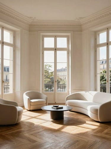 Wide architectural shot of a sun-drenched Haussmannian salon in Paris, herringbone parquet floors, classic white moldings, tall French windows with soft daylight streaming in, refined minimalist furniture.
