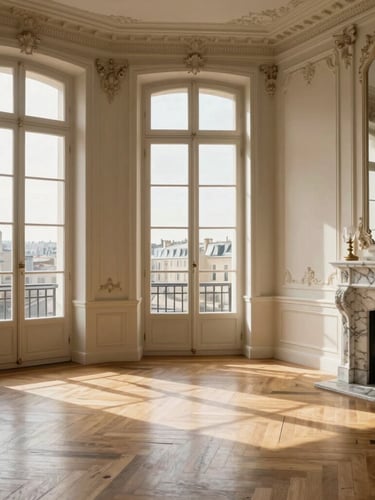 Soft natural Parisian daylight streaming through a tall Haussmannian window, highlighting herringbone parquet floors, elegant moldings, and a marble fireplace, architectural wide-angle.