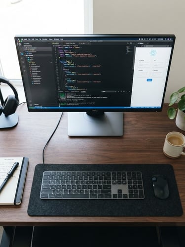 Overhead desk layout with a high-resolution screenshot of an interactive code sandbox on a modern monitor, bright natural window light, clean editorial photography, 35mm lens