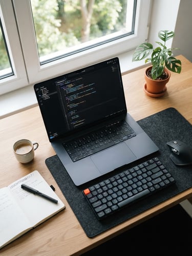 Overhead crisp modern workspace with a clean laptop displaying code editor, bright natural window light, professional and focused, 35mm lens