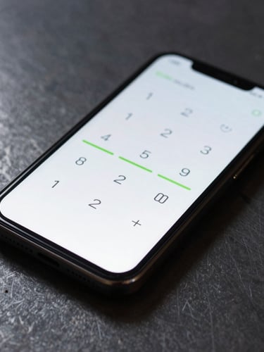 Macro shot of a physical Android device lying on a dark, reflective metal surface, displaying a clean, high-contrast minimalist calculator UI with sharp green accent lines under moody low-key studio lighting.