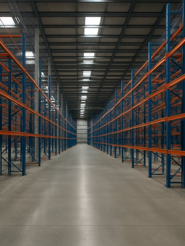 Wide-angle architectural view of a modern, highly organized UK fulfillment center with clean concrete floors and structured racking systems under bright daylight.