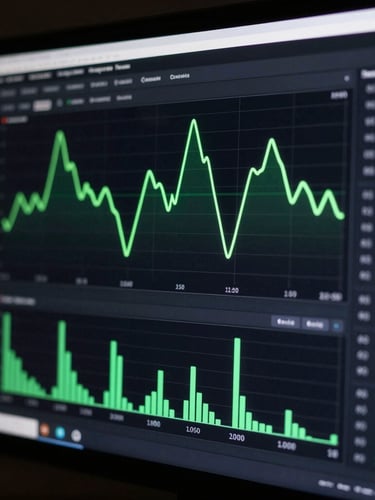 Macro shot of a high-resolution monitor displaying complex real-time ad manager graphs, glowing neon green lines on a dark obsidian dashboard, low-key ambient lighting, sora-ibm-plex style.