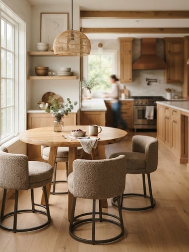 Warm editorial photography, a beautifully styled corner breakfast nook with a round oak table and fabric swivel stools, bathed in soft morning window light, rich natural wood tones, shallow depth of field, 35mm, expansive kitchen background with spatial flow, right side of image bleeds to edge.