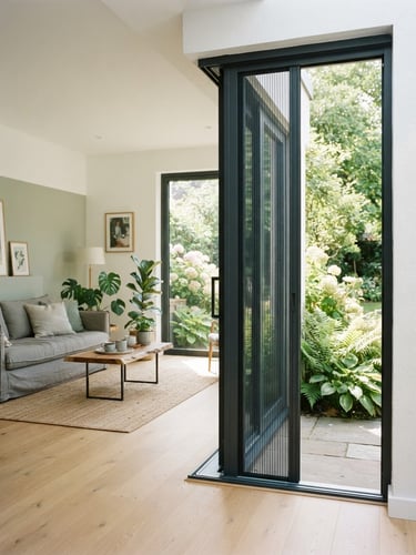 Bright architectural living room with open patio doors looking out to a green garden, a premium pleated insect screen smoothly integrated into the dark aluminum frame, soft daylight, 35mm