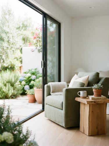 Bright architectural photography of a modern minimalist living room with open patio doors, soft natural daylight, shallow depth of field, 35mm