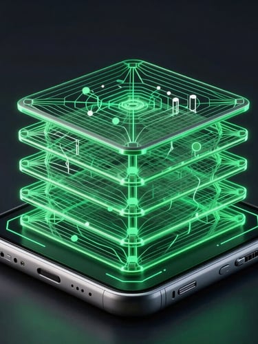 Isometric wireframe diagram of a mobile app database layer on a dark background, glowing green connection lines, technical blueprint style