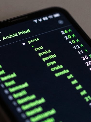 Macro shot of a dark-mode Android interface on a premium device screen, displaying active system diagnostics and neon green telemetry lines under high-contrast terminal glow.