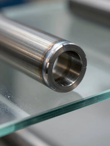Extreme close-up of a precision steel tube meeting a tempered glass shelf, the weld seam and ground edge visible under flat north-facing studio light, cool neutral tones, sharp depth of field revealing the exactness of the joint, no props or styling