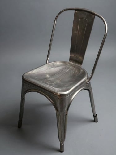 Overhead flat-lay of a steel-frame side chair, raking studio light picking out welded joints and brushed metal legs, cool grey background, no shadow play